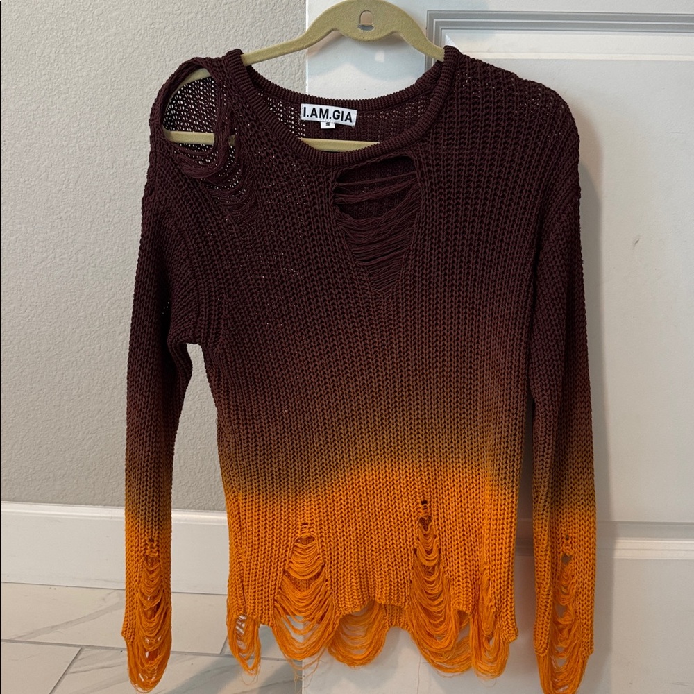 I.AM.GIA Claudia Knit Ombree Distressed Sweater Orange Brown Sz S